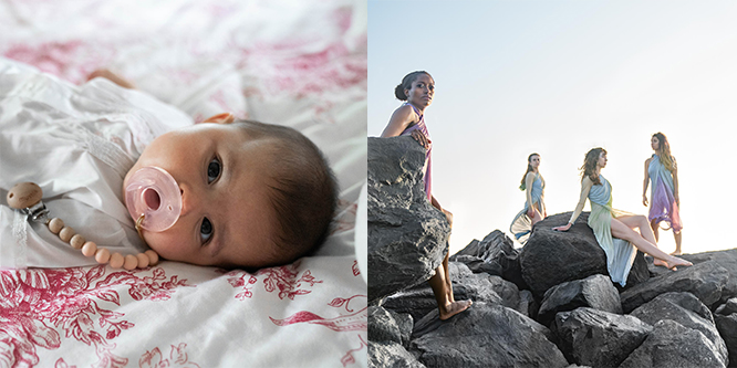 Baby with pacifier laying down; females modeling on beach rocks along Louisiana Gulf Coast
