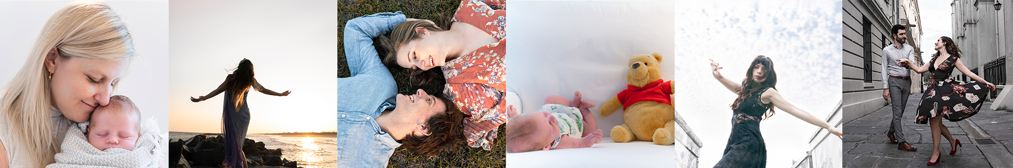 mother and baby sleeping; woman dancing along Louisiana Gulf Coast; couple laying the grass; baby with winnie the pooh; female dancer in New Orleans cemetery; couple dancing in the French Quarter