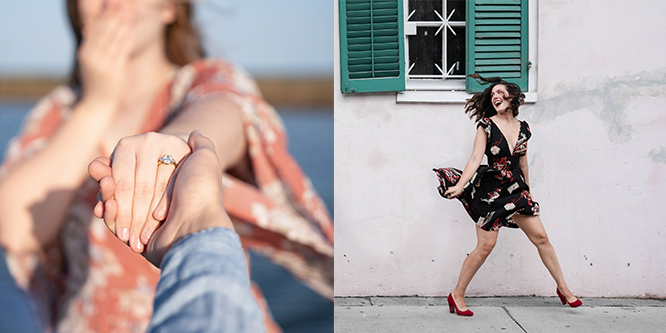 engagement ring and proposal along Louisiana bayou; woman running and laughing on sidewalk in the New Orleans French Quarter