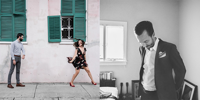 romantic couple laughing in New Orleans French Quarter; groom getting dressed on his wedding day