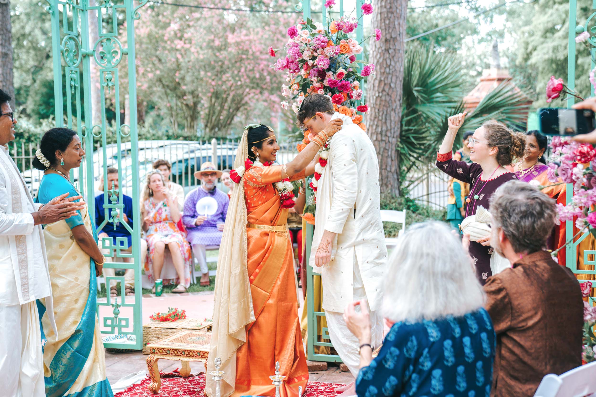 American Indian bride and groom getting married at a Hindu nikah ceremony at Derbès Mansion in New Orleans