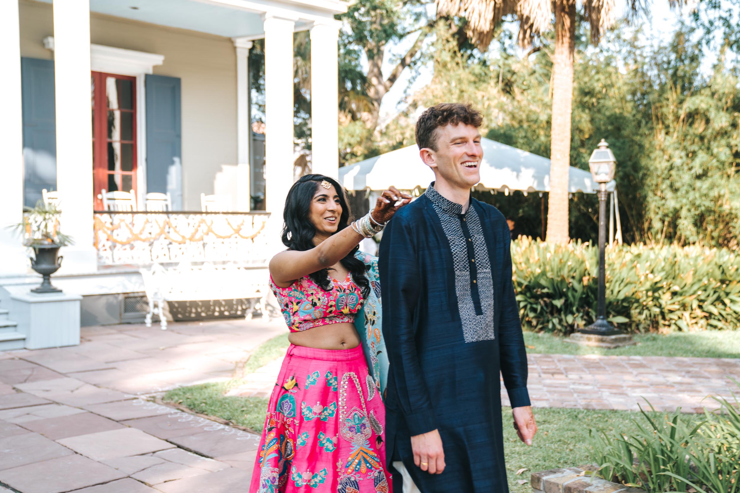 Islamic American bride and groom doing a traditional first look at Derbès Mansion in New Orleans