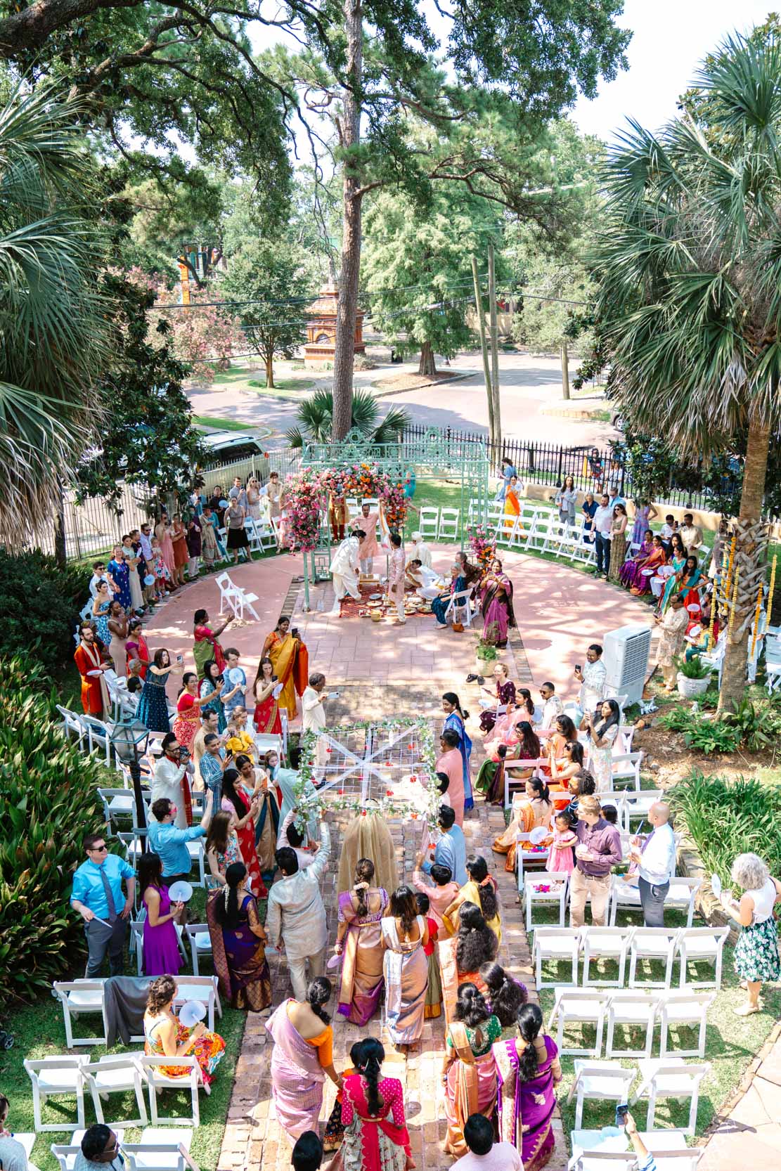 Nikah ceremony for Hindu wedding with guests wearing lehenga and saree wedding outfits at Derbès Mansion in New Orleans