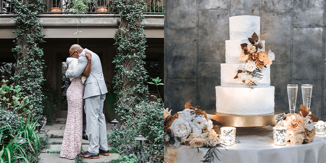 african american couple kissing on wedding day with wedding cake in New Orleans