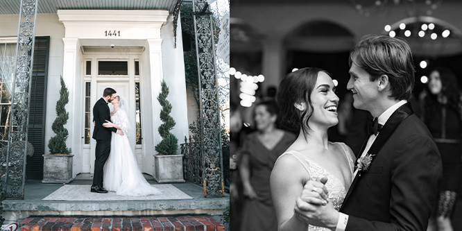 bride and groom kissing on wedding day in New Orleans