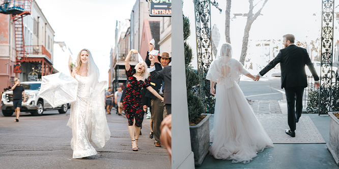bride and groom walking down street in French Quarter New Orleans