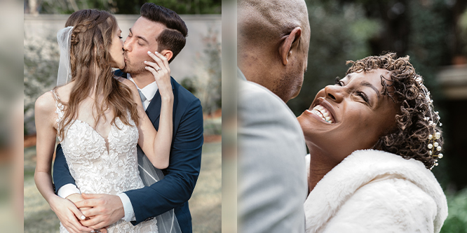 bride and grooms kissing and smiling on wedding day in New Orleans