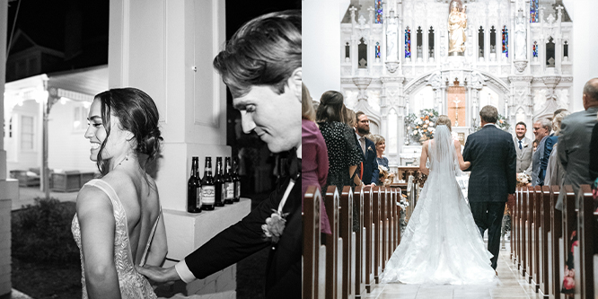 bride and her father walking up aisle during Catholic wedding ceremony in New Orleans