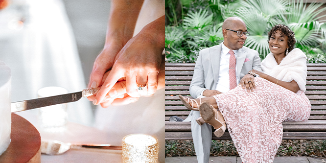 cutting wedding cake and african american couple sitting on park bench in New Orleans