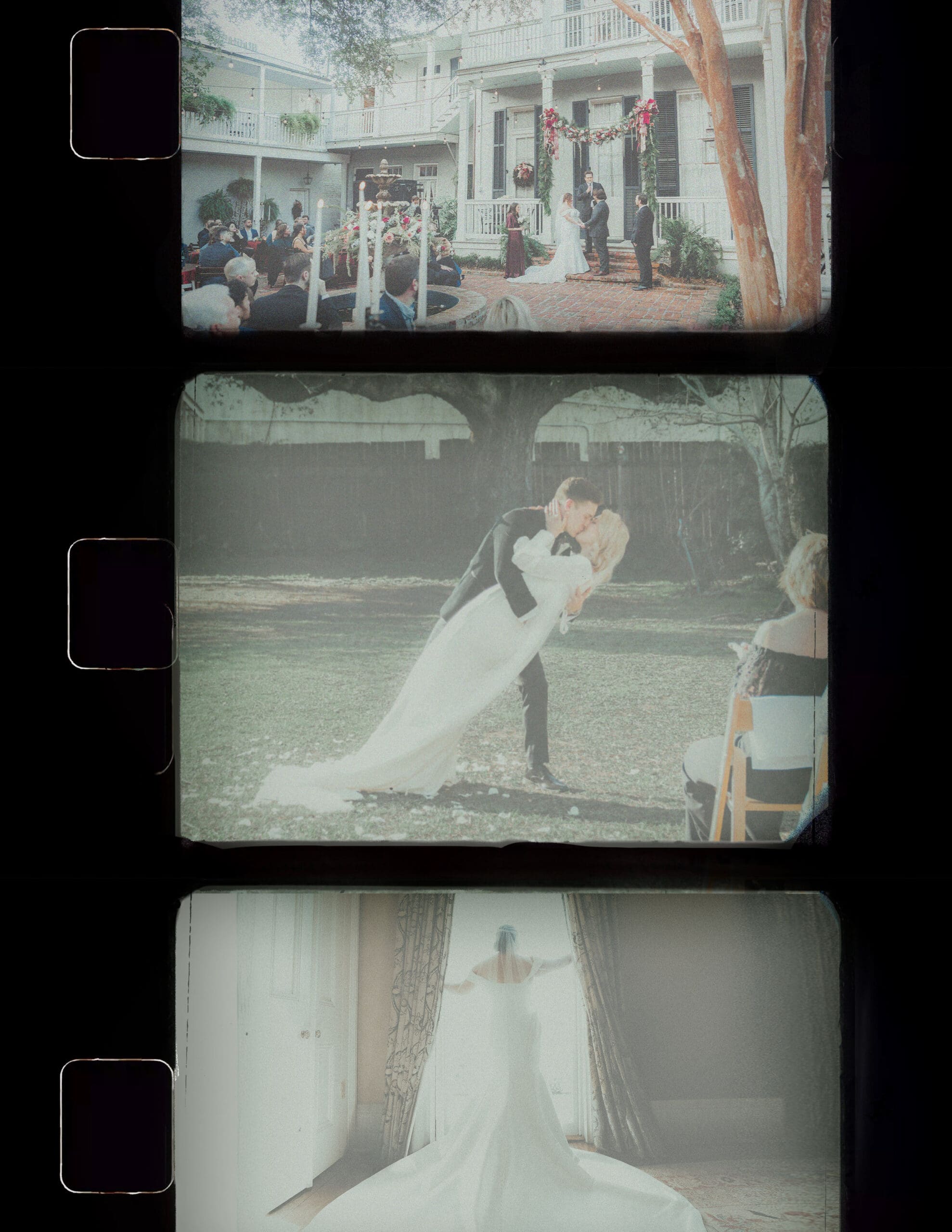 super-8-wedding-film-strip-new-orleans-wedding Super 8 wedding film strip featuring a New Orleans wedding ceremony, first kiss, and bridal portrait on real film.